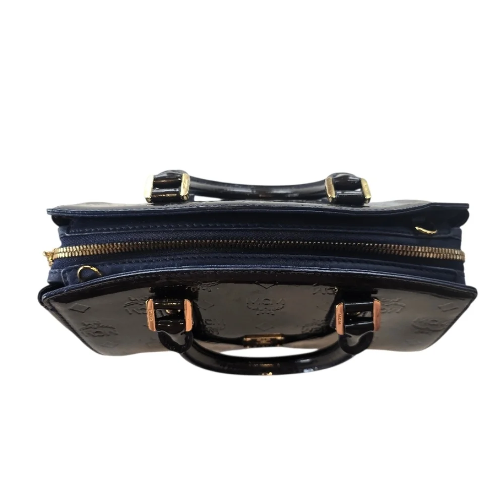 MCM Mini Boston Dark Green Navy Patent Leather Handbag
